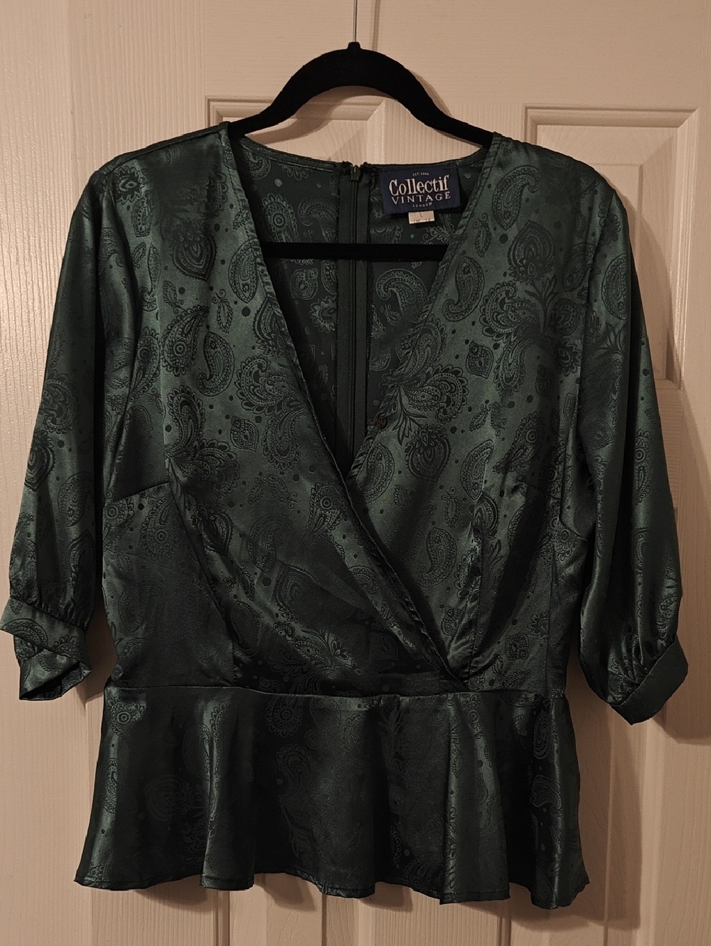 Collectif Vintage Emerald Paisley Satin Blouse UK 14